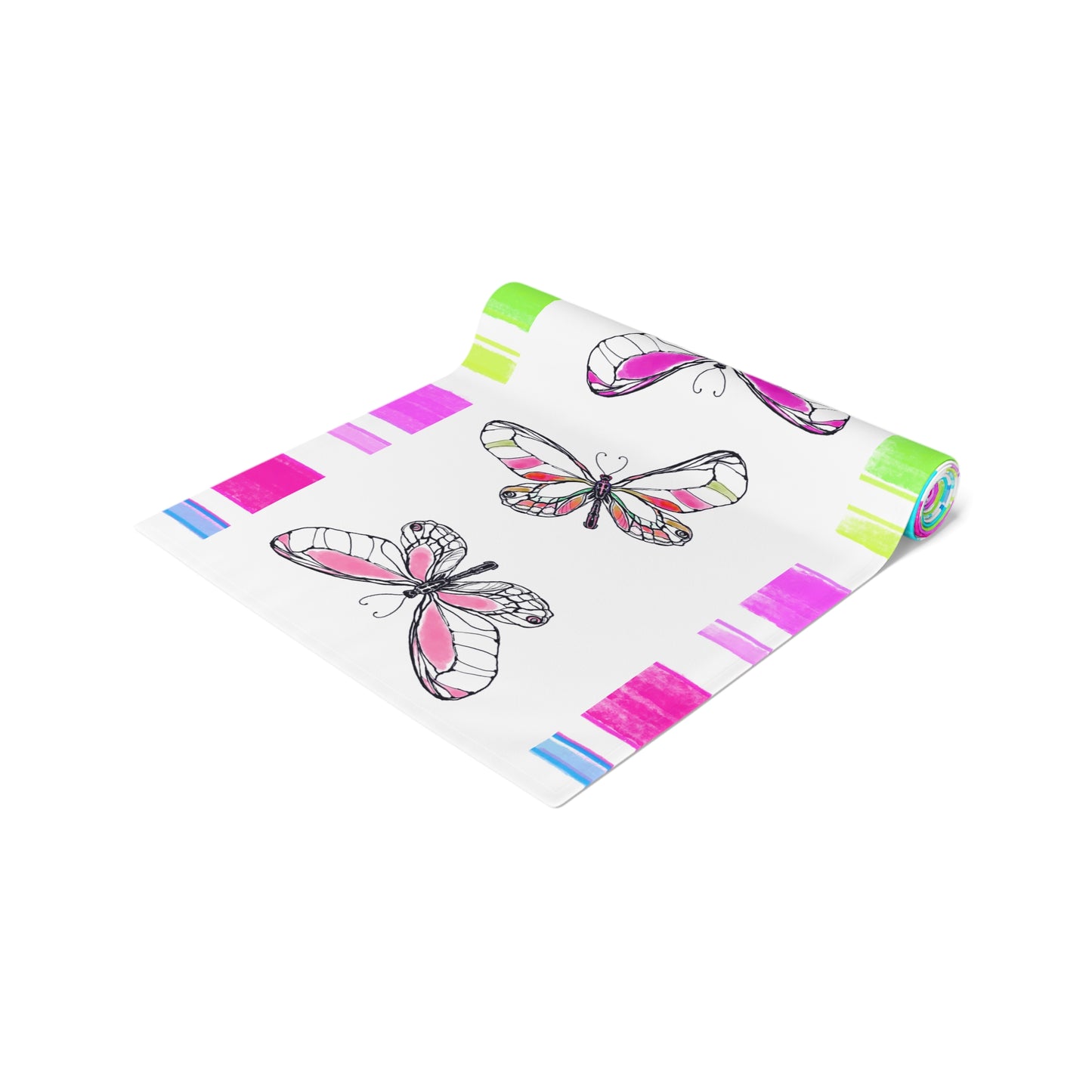 Butterfly Flutterstripe Table Runner in Multi-color With Pink, Blue, Green Border 1 size ( 16" × 90")  (available in Cotton (Creamier) & Polyester (Whiter)