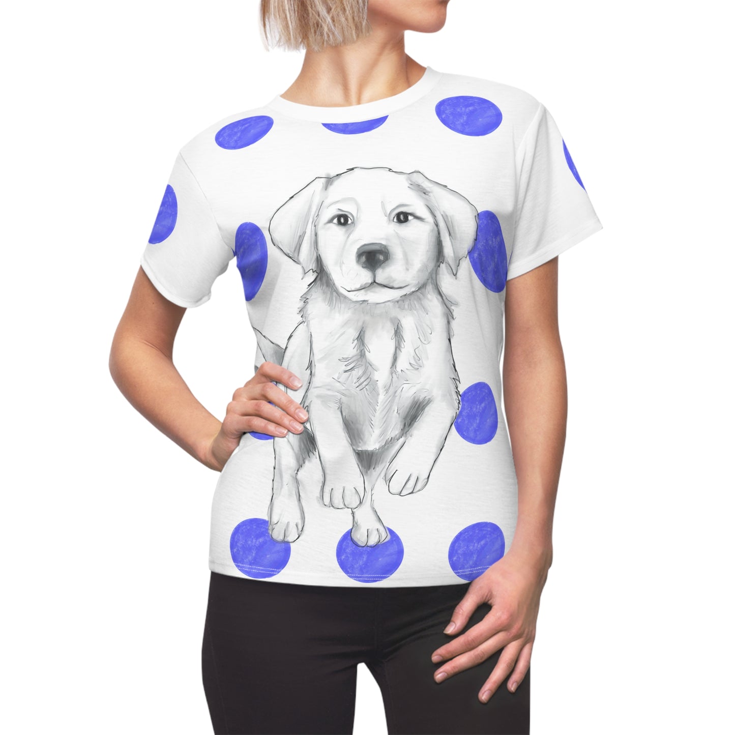 Dogi Fun Women's Tee shirt White with Blue Polka Dots, Lab Puppy