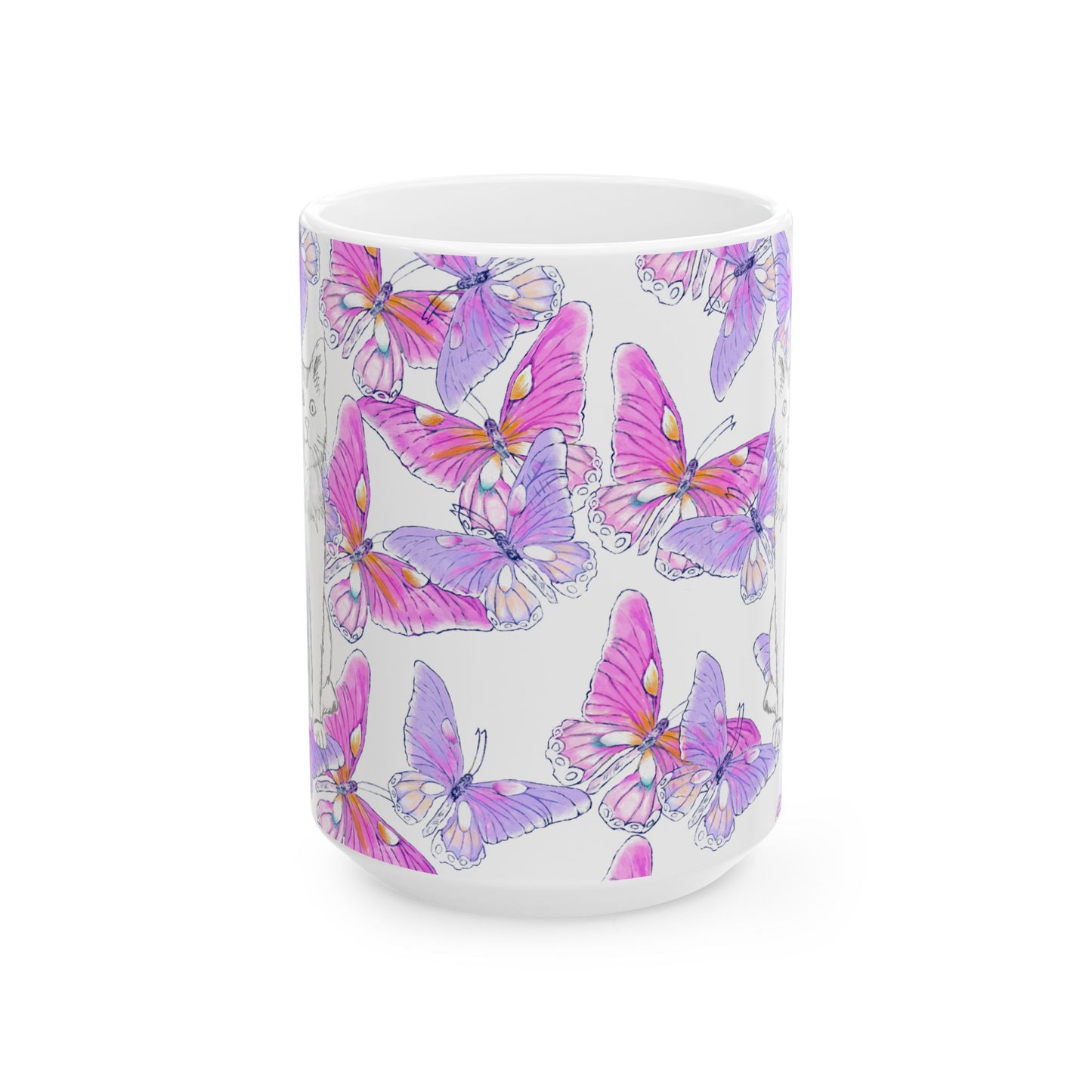 Kitty Flutter Ceramic Mug, Pink/Lavender, (11oz, 15oz)