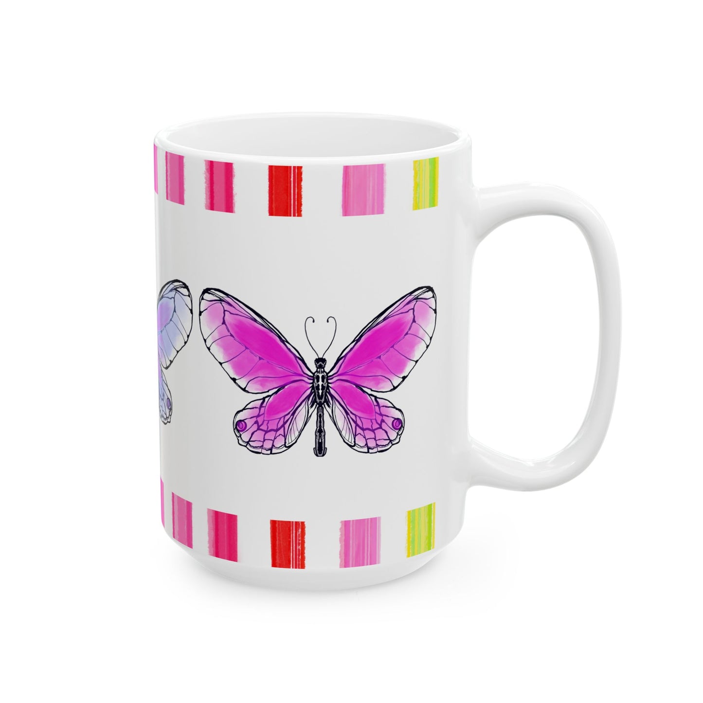Butterfly Rainbow Stripe Ceramic Mug in Lavender, Pink, and Green with Multi-color Striped Border, (Available in 2 sizes 11oz and 15oz)