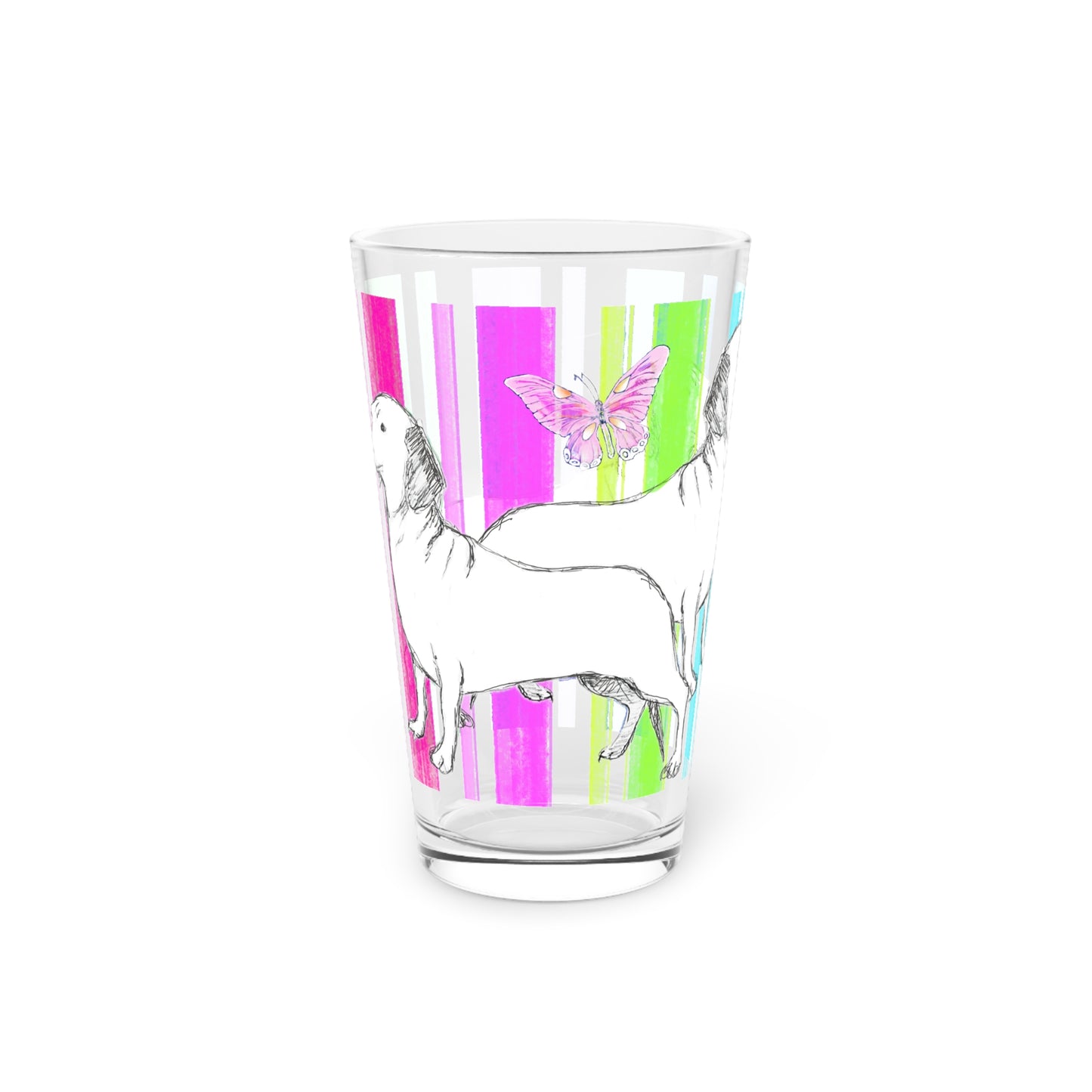Dogi Butterfly Flutter Pint Glass in Multi-color, 16oz, Dachshunds