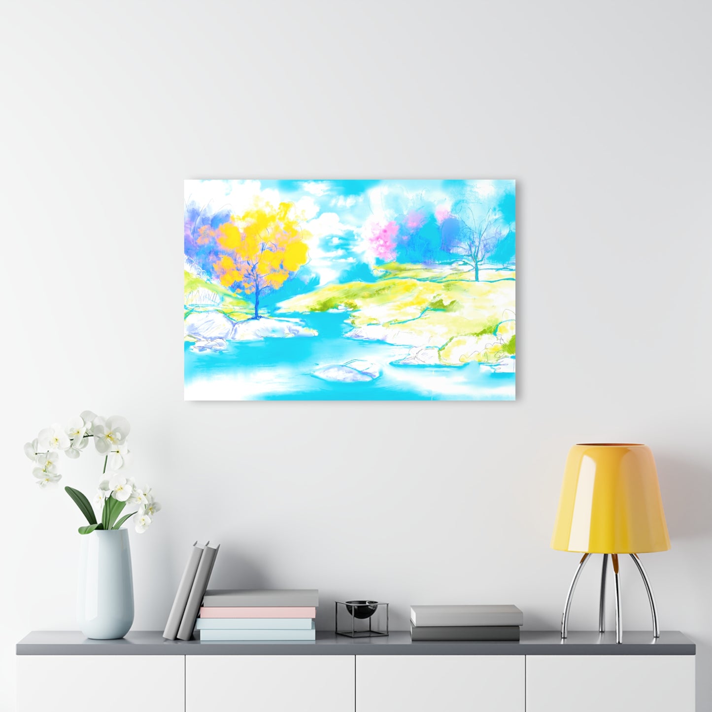 Wall Art Joyful Landscapes Acrylic Print in Blue and Yellow (French Cleat Hanging)