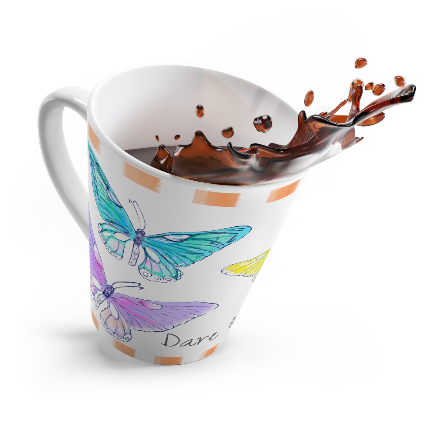 Butterfly Swing Latte Mug Aqua, Lilac, Pink, Orange , yellow Butterflies, Orange Stripe “Dare to Love”