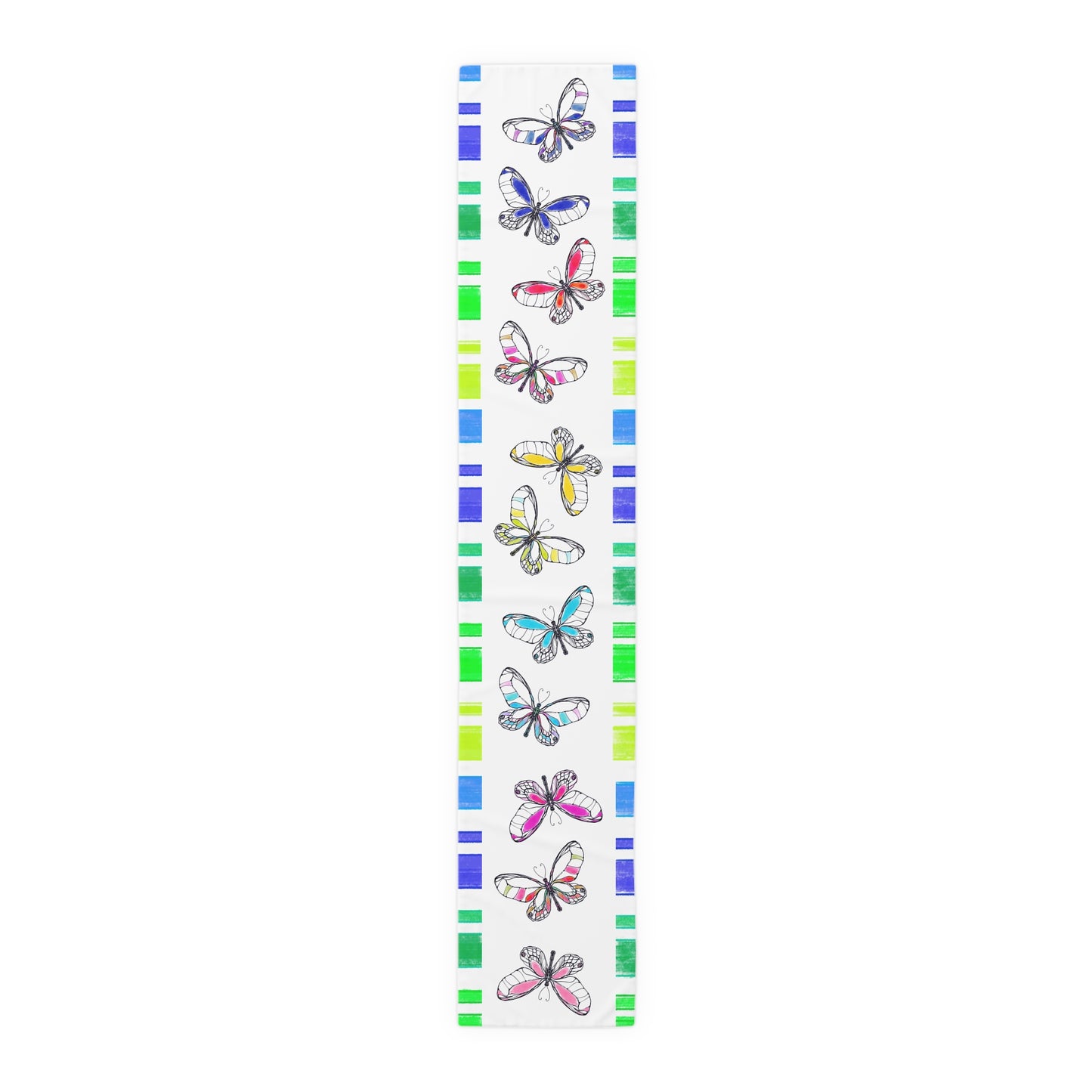 Butterfly Flutterstripe Table Runner in Multi-color With Blue/Green Border 1 size ( 16" Γ 90") (available in Cotton (Creamier) & Polyester (Whiter)