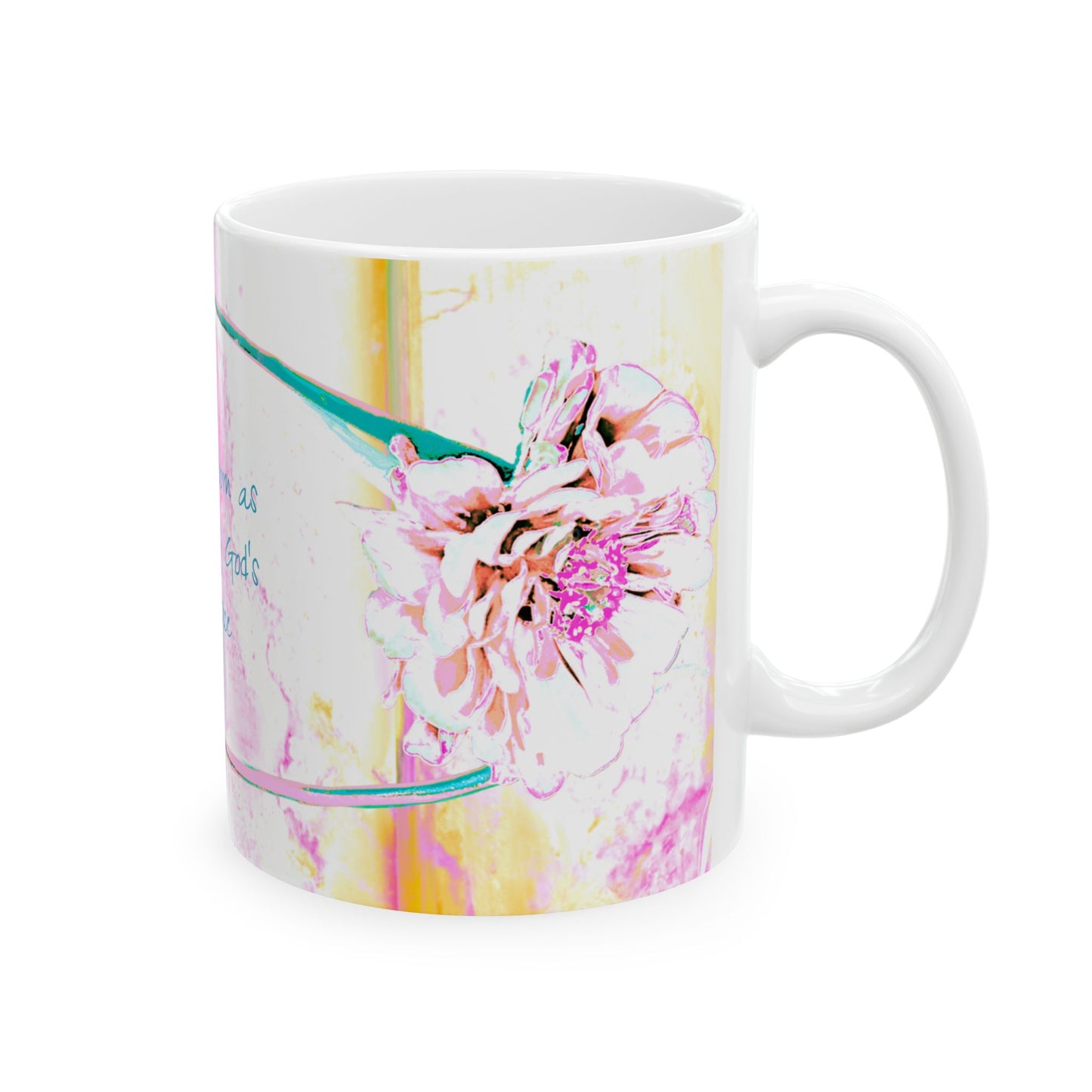 Zinnia Ceramic Mug Raspberry Orange "Flowers bloom as emblems of God's providence"