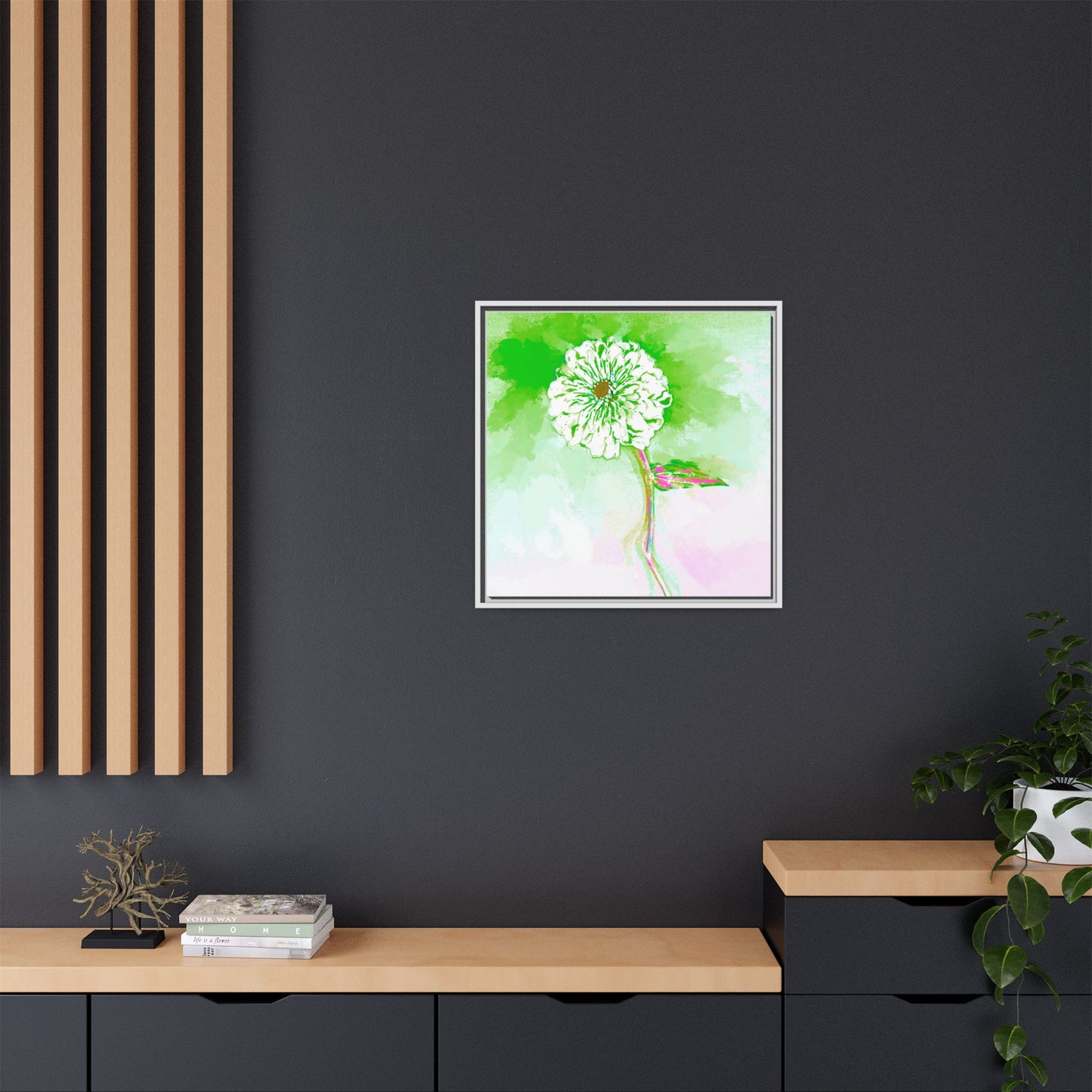 Zinnia Color Splash Matte Canvas Grass Green Framed