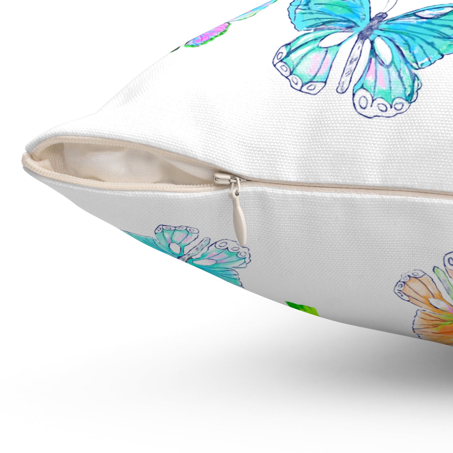 Dancing Tulips Butterflies Spun Polyester Square Pillow. Multi-Color Butterflies, Yellow Tulip