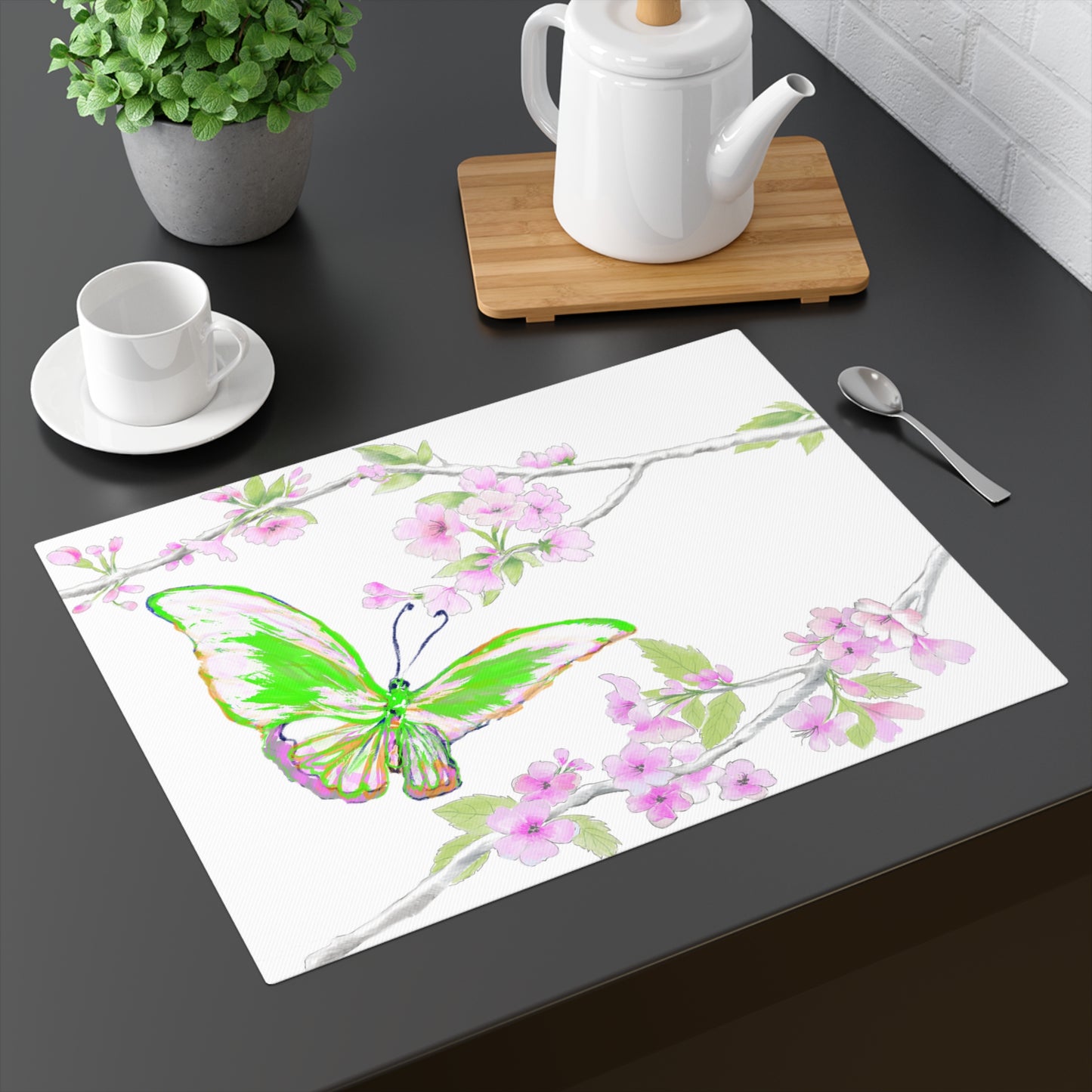 Butterfly Blossom Glide Cotton Twill Placemat, Creamier White. 1pc. Green, # 9
