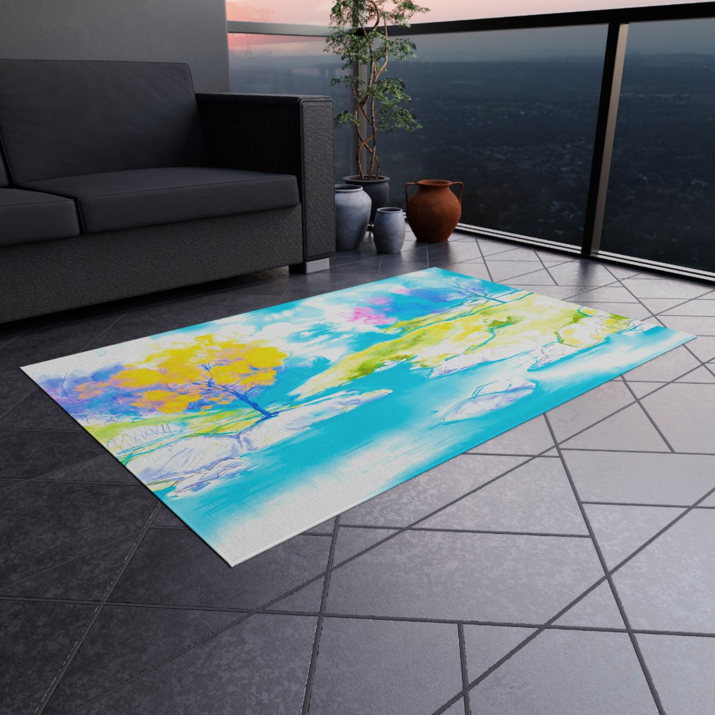 Joyful Landscapes Indoor/Outdoor Rug, Yellow and Blue, Non-Slip