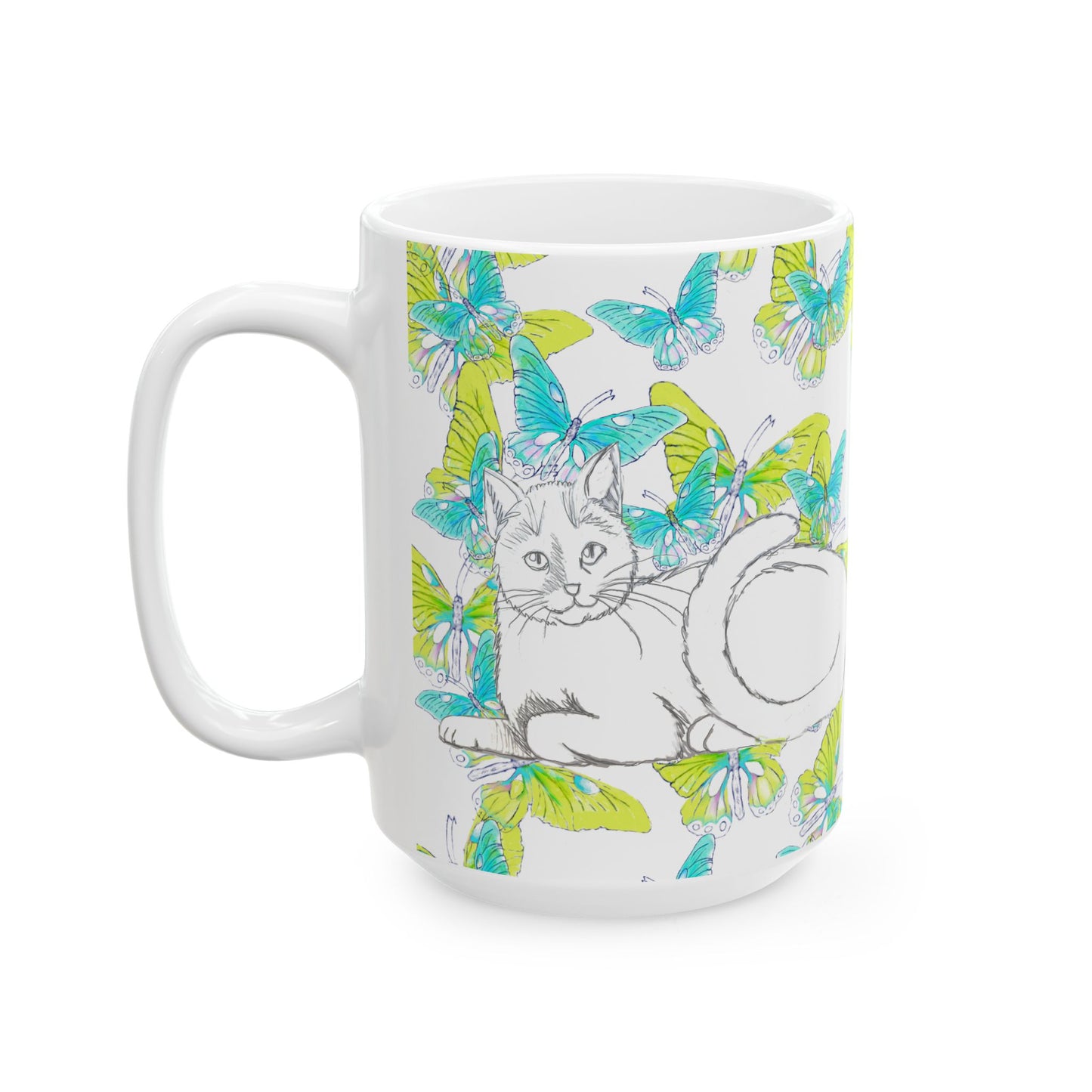 Kitty Flutter Ceramic Mug, Aqua/Lime, (11oz, 15oz)