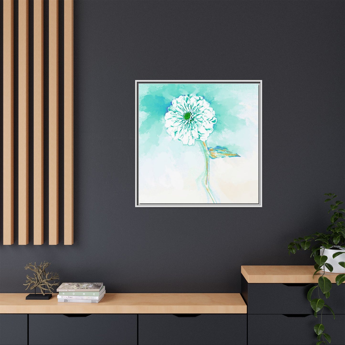 Zinnia Color Splash Matte Canvas Green Aqua Framed