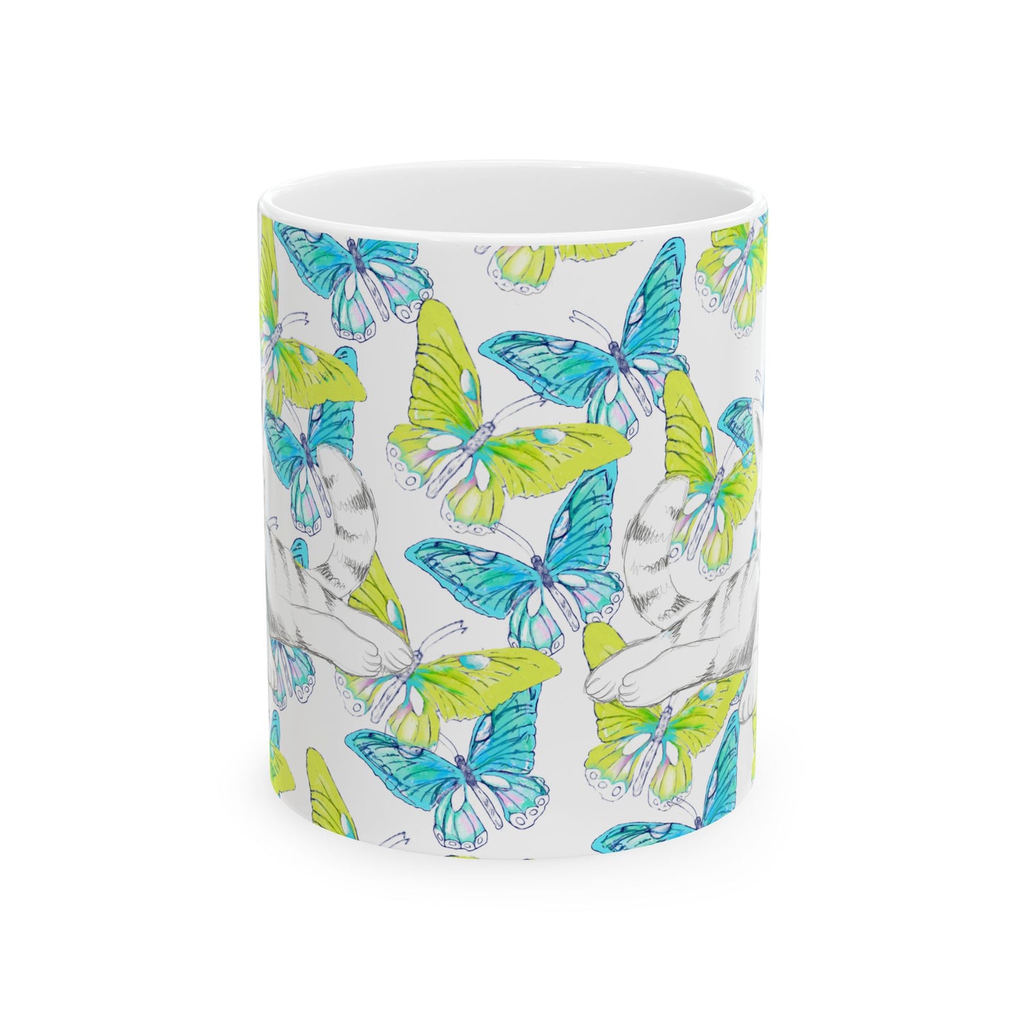 Kitty Flutter Ceramic Mug, Aqua/Lime, (11oz, 15oz)