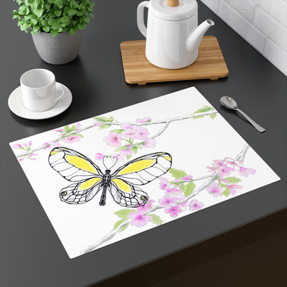 Butterfly Blossom Romp Cotton Twill Placemat, 1pc Yellow #9 Left side of the table