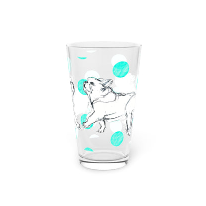 Dogi Fun and Polka Dots Pint Glass in Aqua, French Bulldog, 16oz