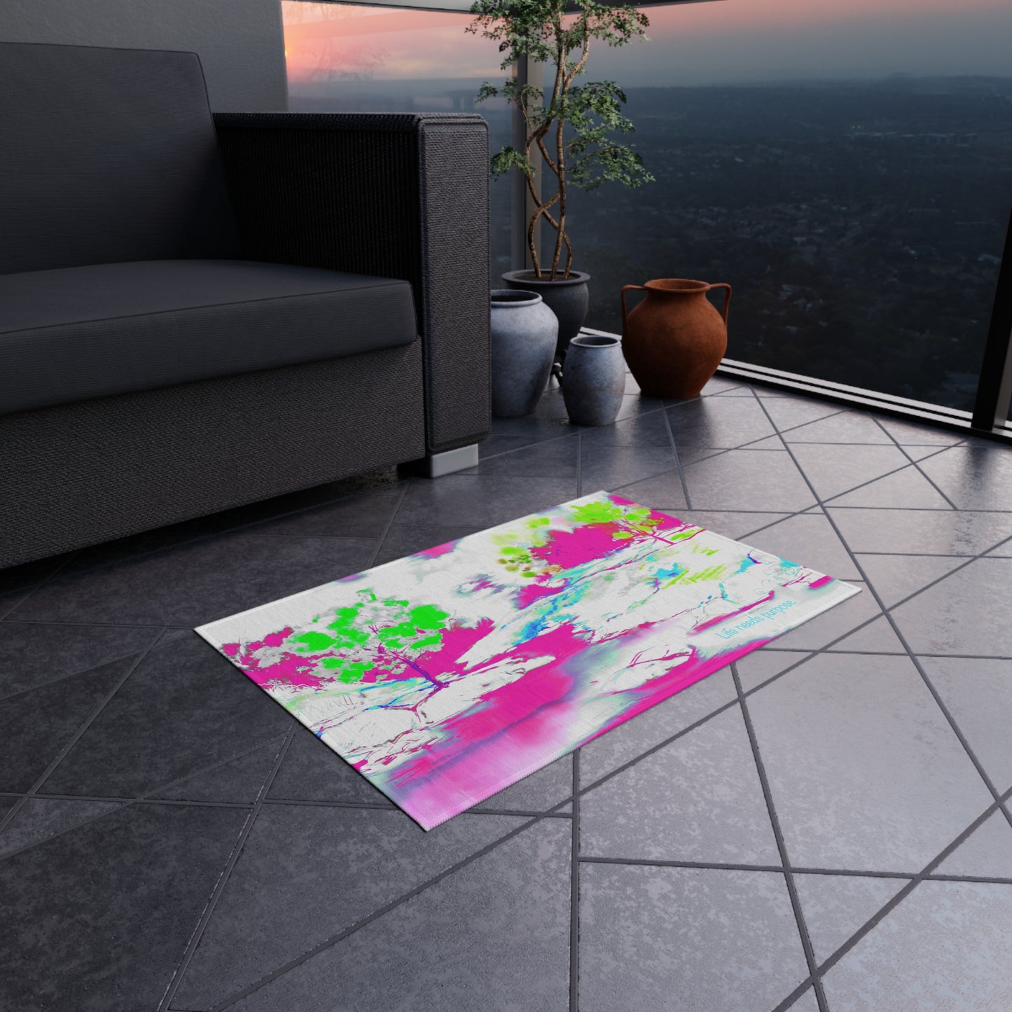 Inspirational Landscapes Indoor/Outdoor Rug, Life needs purpose," Raspberry and Green,  Non-Slip