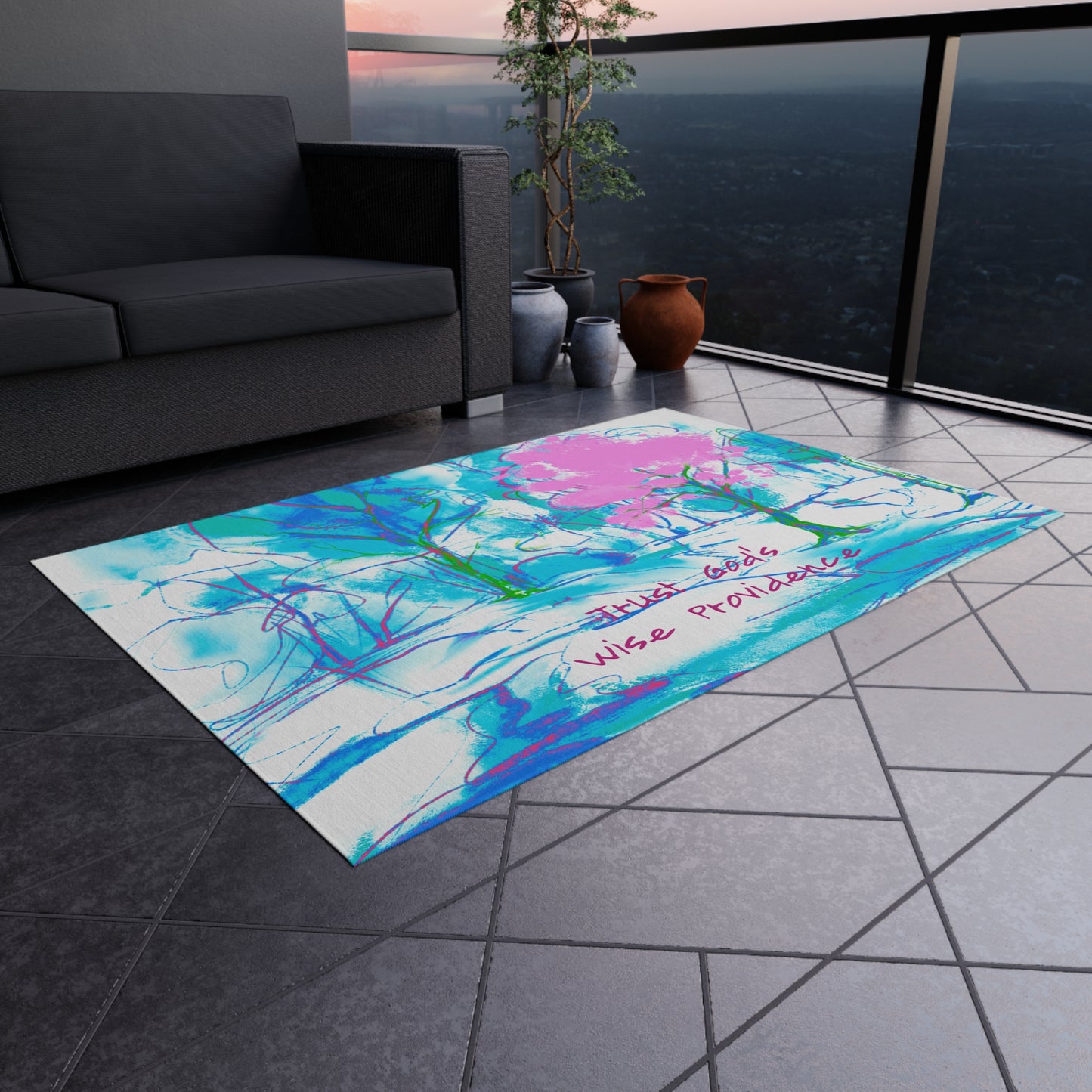 Inspirational Landscapes "Trust God's Providence" Indoor/Outdoor Rug in Blue and Pink Non-slip (36" x 24")