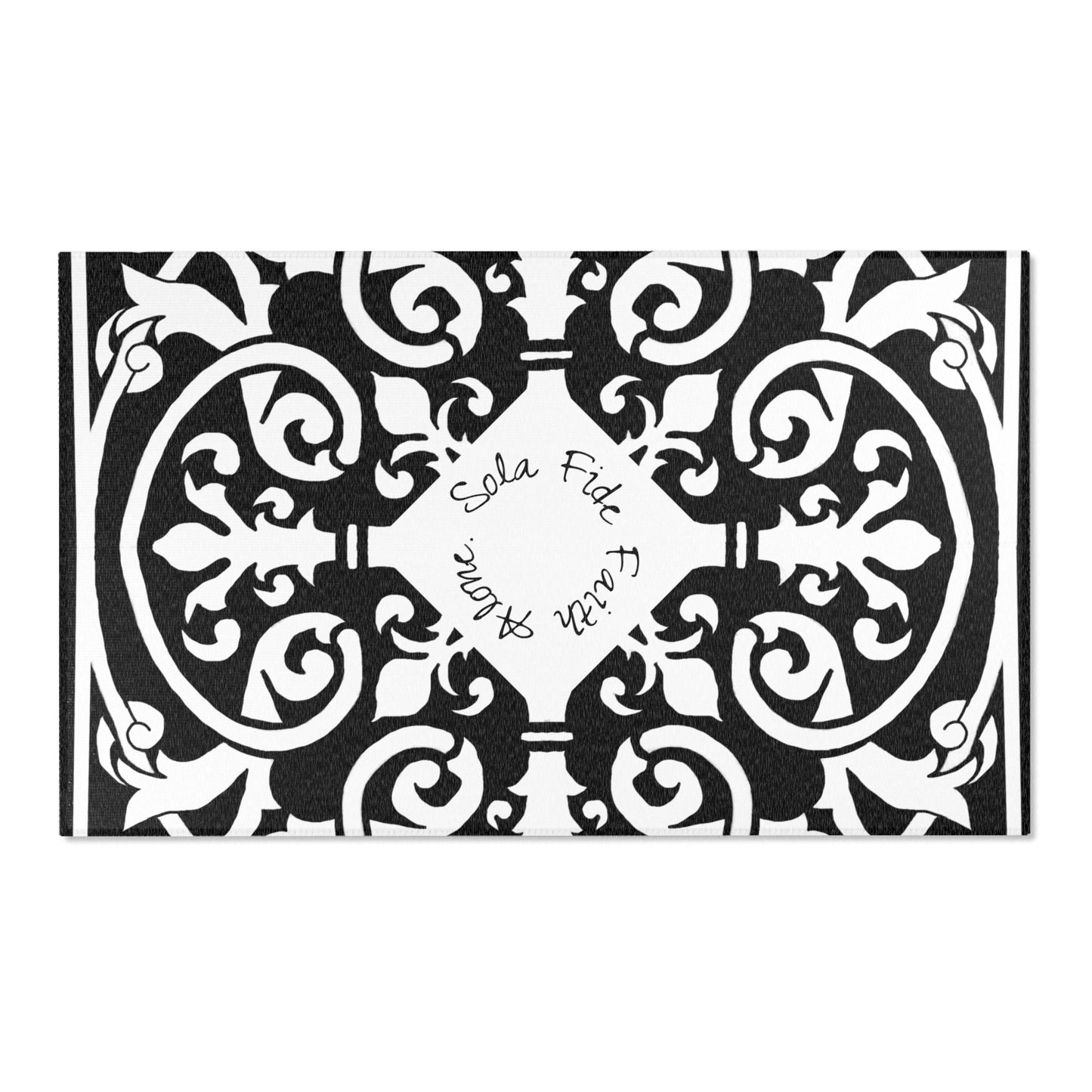 Scrollwork Indoor/Outdoor Rug Black "Sola Fide..."