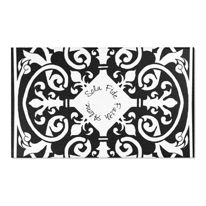 Scrollwork Indoor/Outdoor Rug Black "Sola Fide..."