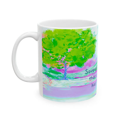 Inspirational Landscapes Ceramic Mug in Green, Yellow, and Purple, "Sovereignty teaches that everything has its season" 11oz, 15oz.