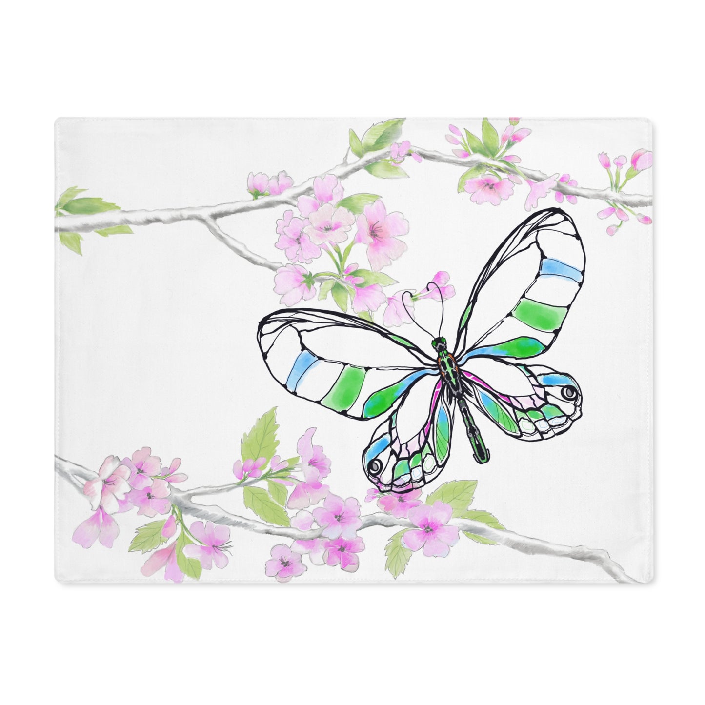 Butterfly Blossom Romp Cotton Twill Placemat, 1pc Green #8 Left side of table