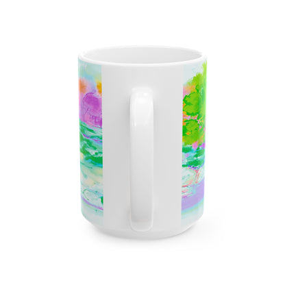 Inspirational Landscapes Ceramic Mug in Green, Yellow, and Purple, "Sovereignty teaches that everything has its season" 11oz, 15oz.