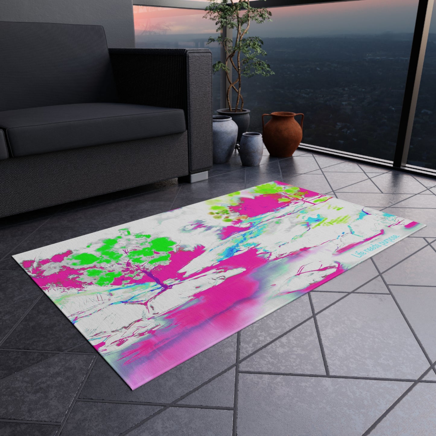 Inspirational Landscapes Indoor/Outdoor Rug, Life needs purpose," Raspberry and Green,  Non-Slip
