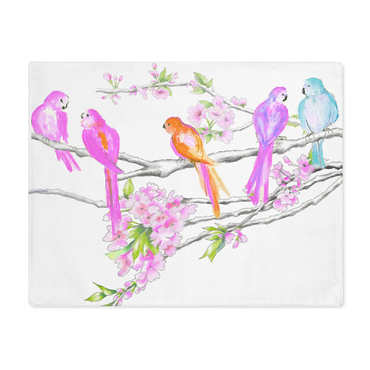 Blossoms & Birds In Pink, Orange, Purple, and Blue Placemat, 1pc (18" × 14"), Cotton, Creamy White Background,#6 End of Table