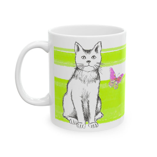 Mega Stripe Kitty Butterfly Flutter Ceramic Mug  Lime