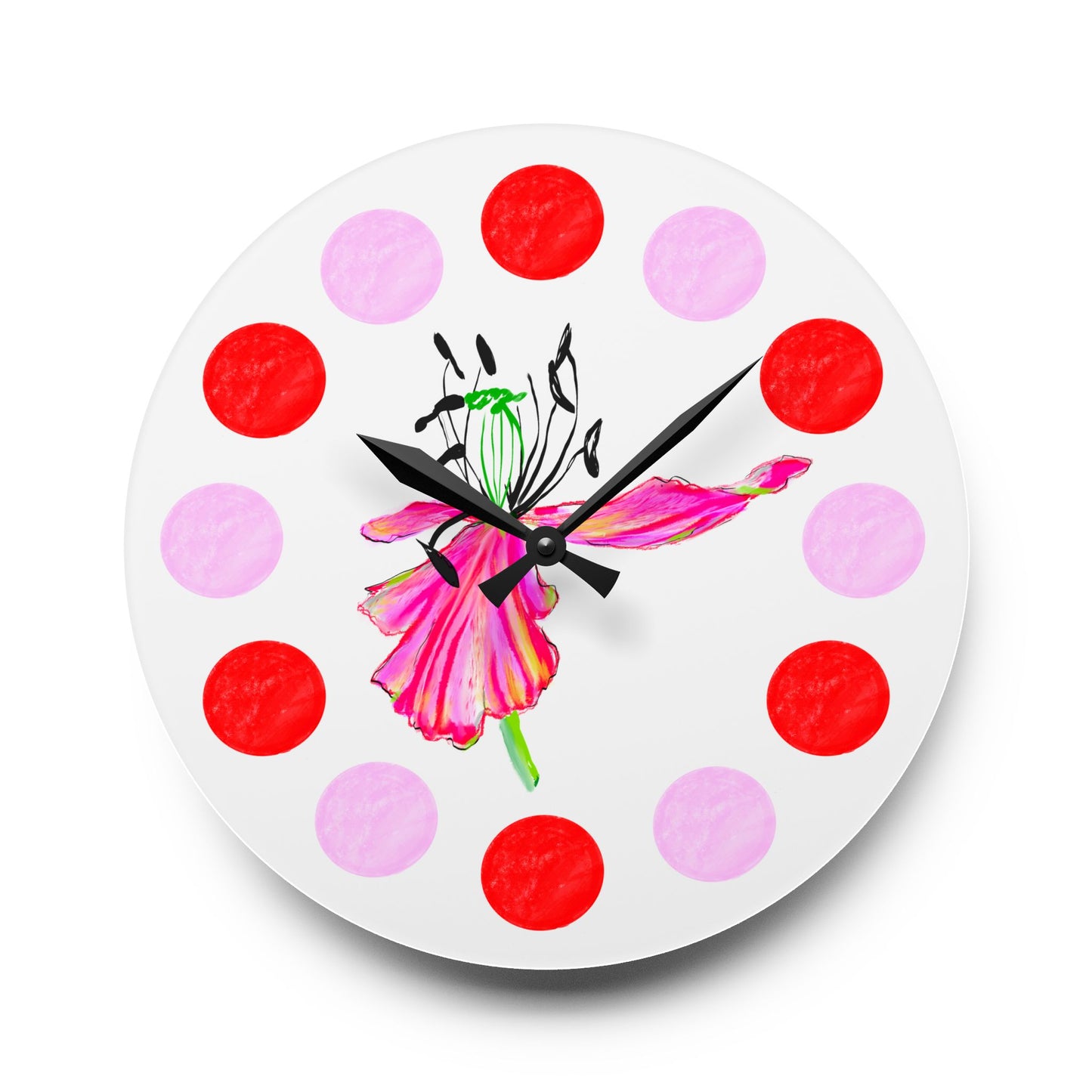 Tulip Love  Acrylic Wall Clock, Pink and Red polka dots tulip