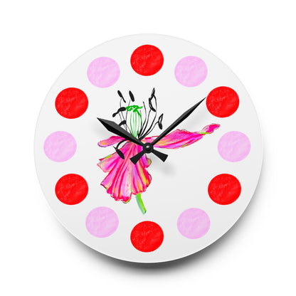 Tulip Love  Acrylic Wall Clock, Pink and Red polka dots tulip