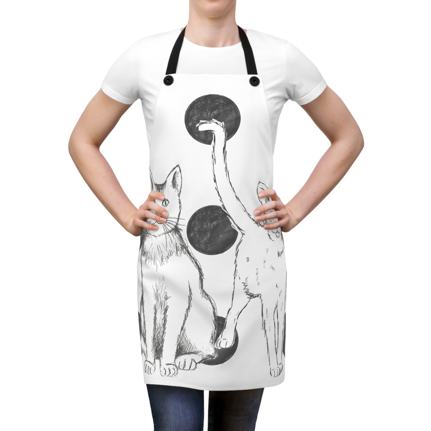 Kitty Fun, Apron. Fun Cats with Black Polka Dots