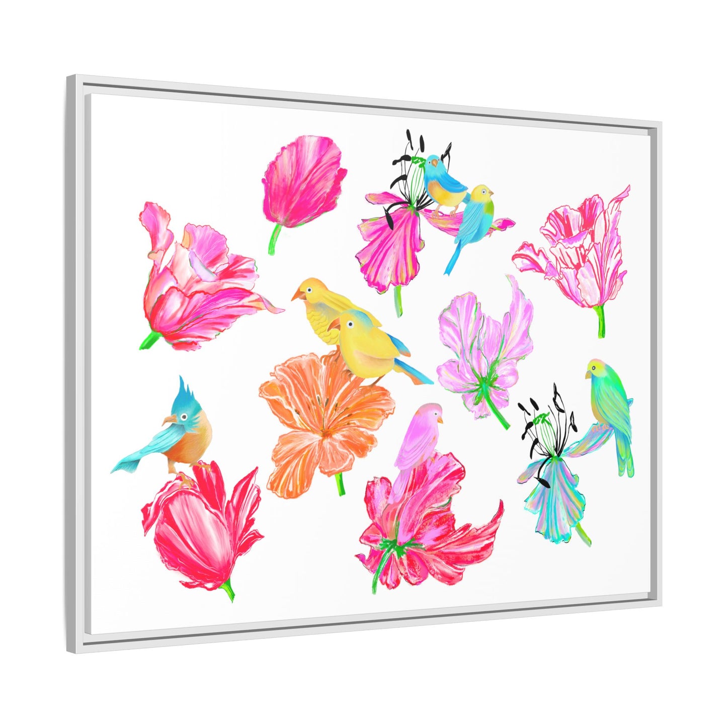 Vibrant Tulips Matte Canvas, Frame with birds