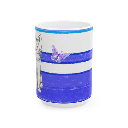Mega Stripe Kitty Butterfly Flutter Ceramic Mug Ultramarine