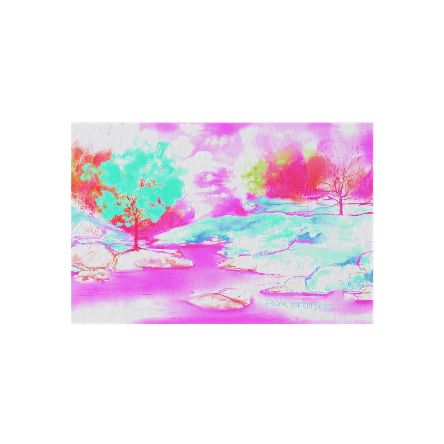 Inspirational Landscapes "Peace perfect peace" Indoor/Outdoor Rug in Raspberry, Aqua, and Pink Non- slip (36" x 24")