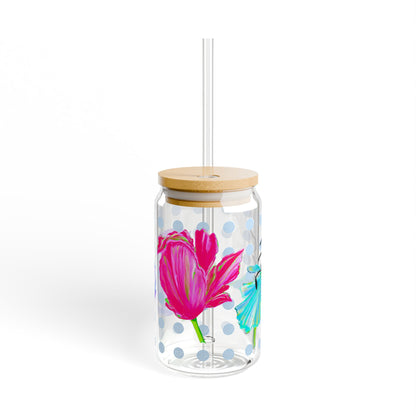 Vibrant Tulips Sipper Glass, 16oz, Raspberry, Aqua . Purple