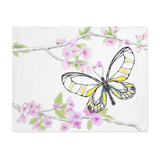 Butterfly Blossom Romp Cotton Twill Placemat, 1pc Yellow Butterfly #10 Left side of the table