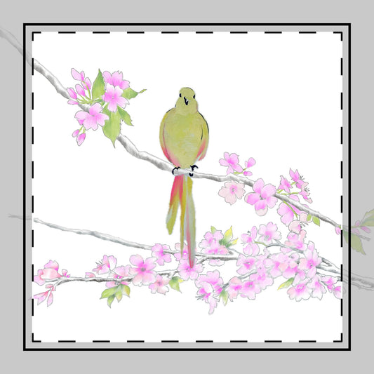 Blossoms & Birds Cotton Twill Napkin Green, Background Fabric Creamy White