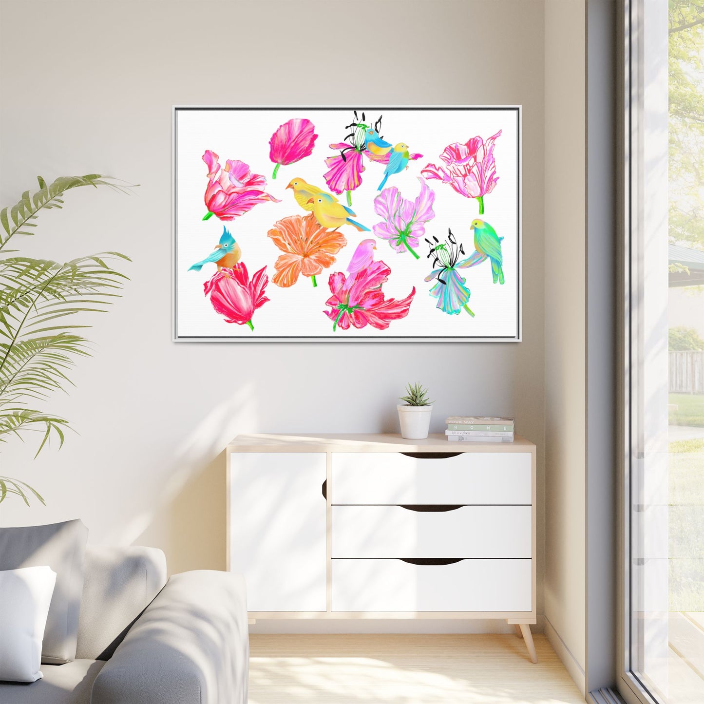 Vibrant Tulips Matte Canvas, Frame with birds