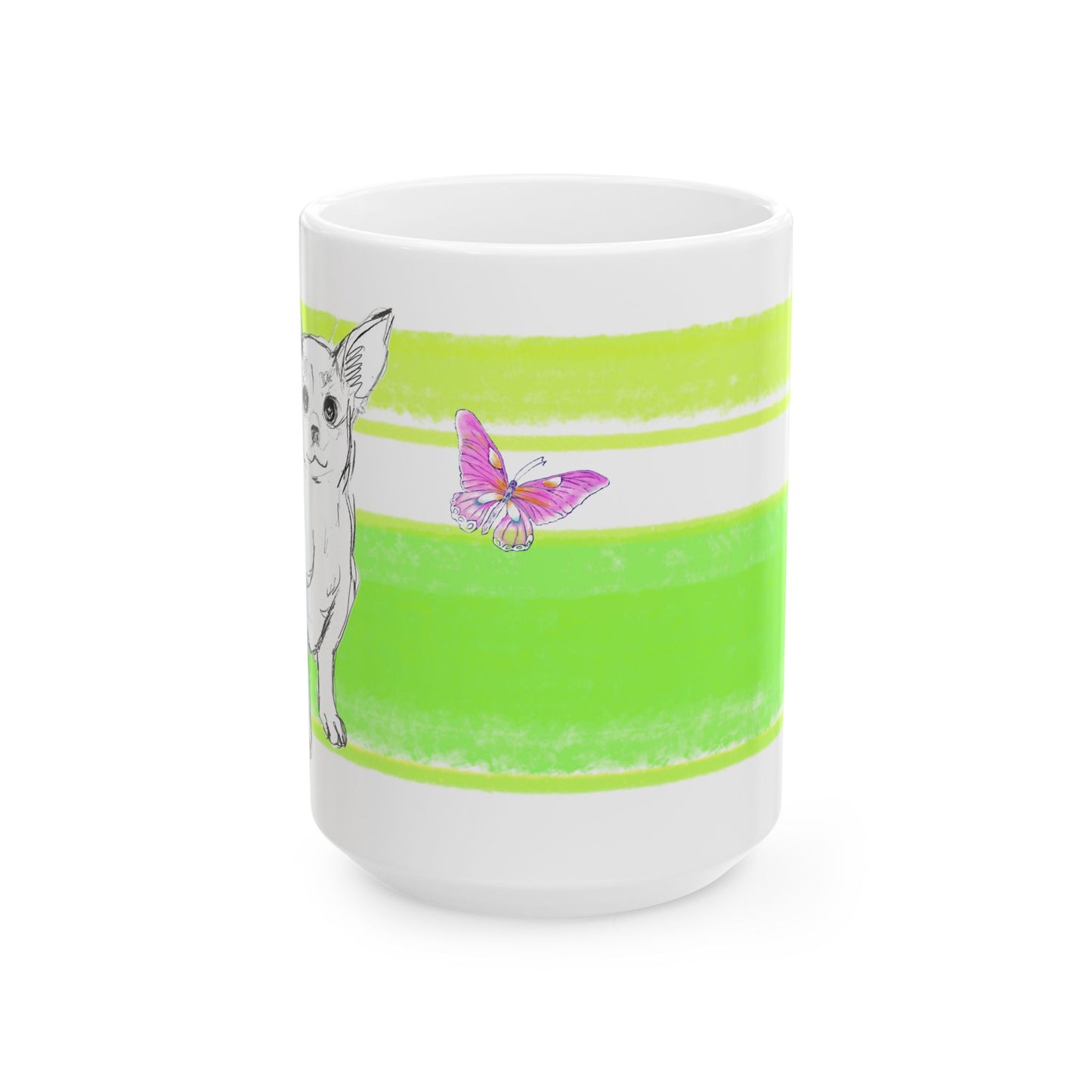 Mega Stripe Dogi Butterfly Flutter Ceramic Mug, (11oz, 15oz) Yellow Green Teri