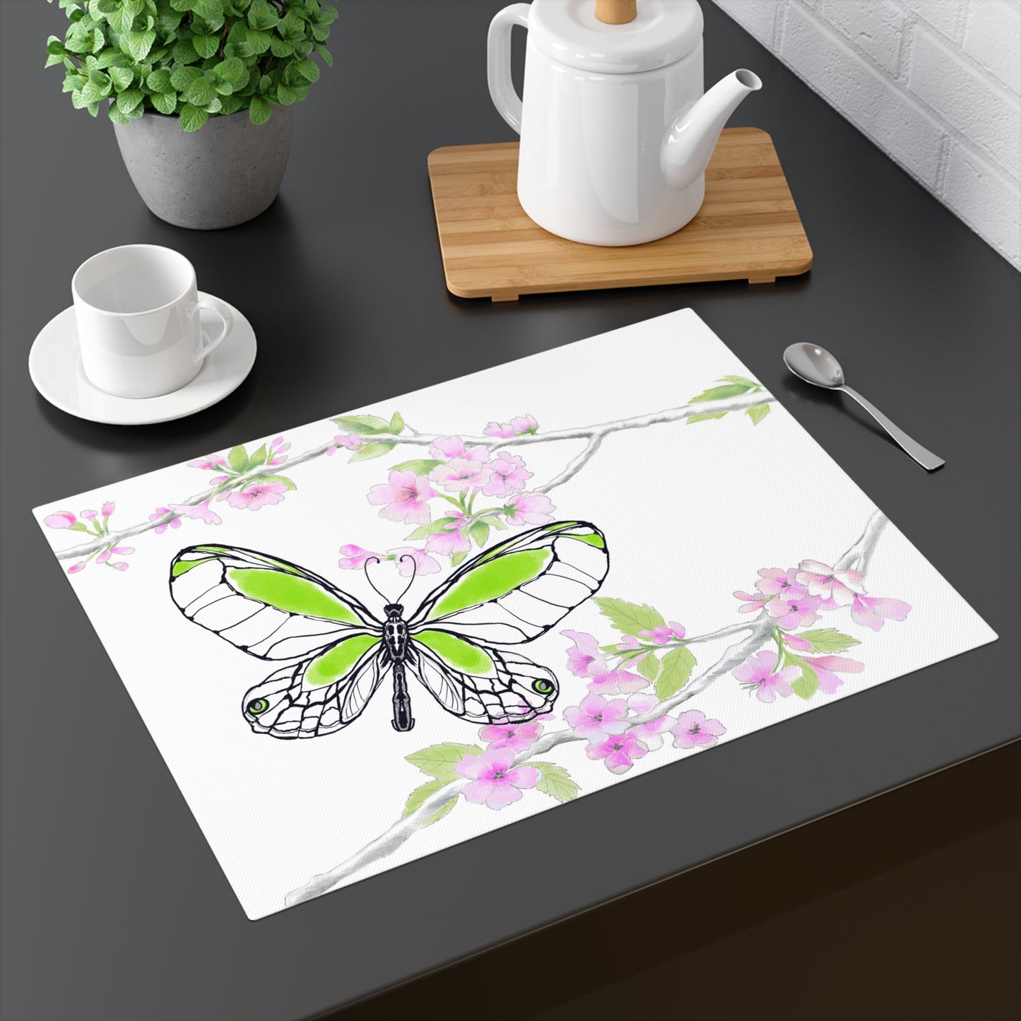 Butterfly Blossom Romp Cotton Twill Placemat, 1pc .Medium Green #7 Left side of table