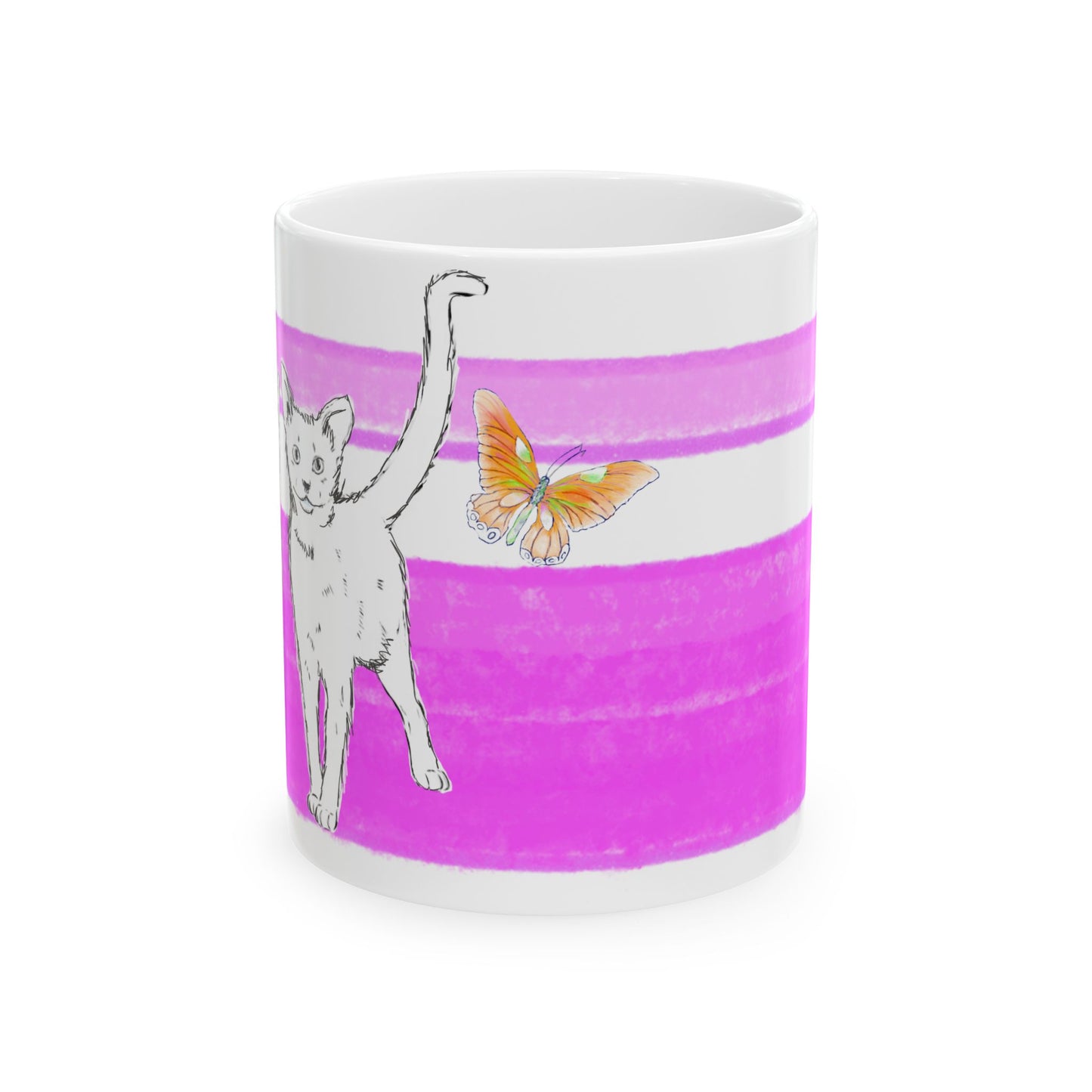 Mega Stripe Kitty Butterfly Flutter Ceramic Mug Purplish Pink