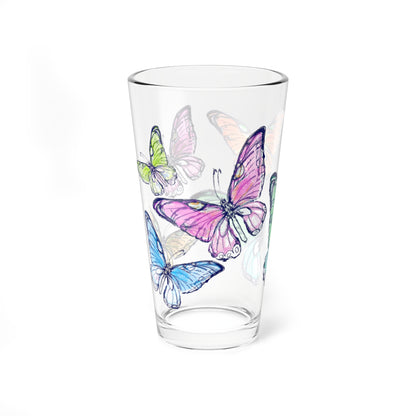 Blossom Whirl  Pint Glass 16oz, Largest Butterfly is Blue green