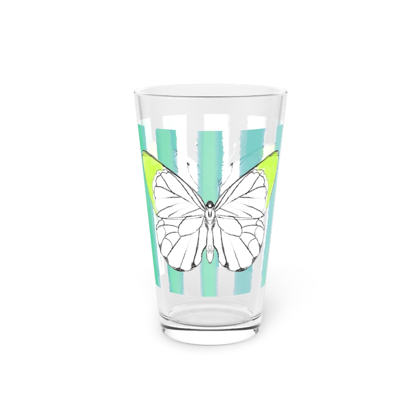 Butterfly Chroma Pint Glass in Lime with Aqua Stripes, 16oz