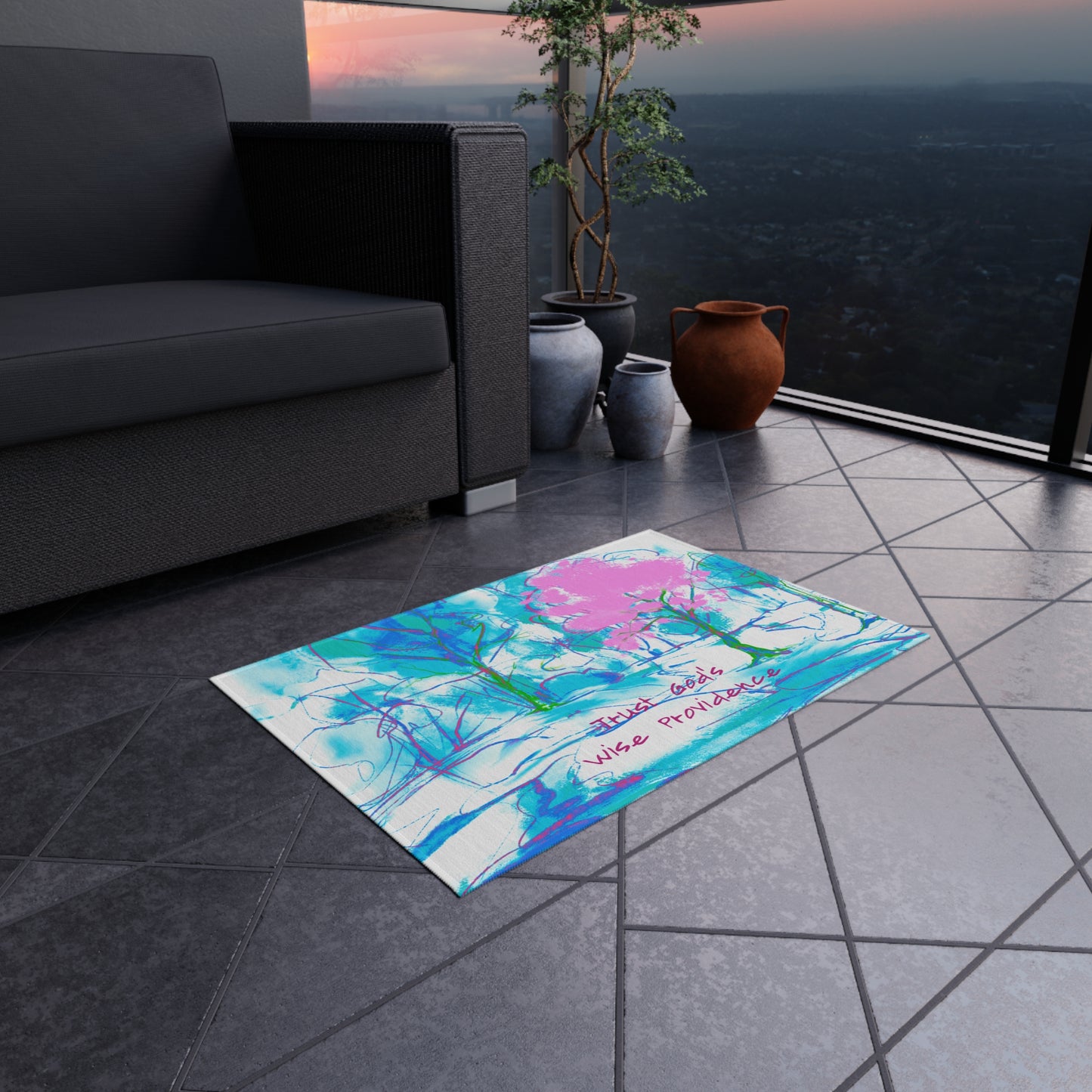 Inspirational Landscapes "Trust God's Providence" Indoor/Outdoor Rug in Blue and Pink Non-slip (36" x 24")