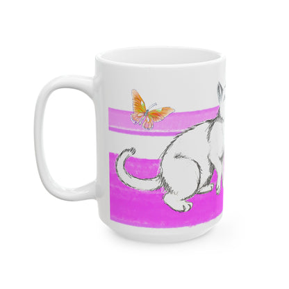 Mega Stripe Kitty Butterfly Flutter Ceramic Mug Purplish Pink