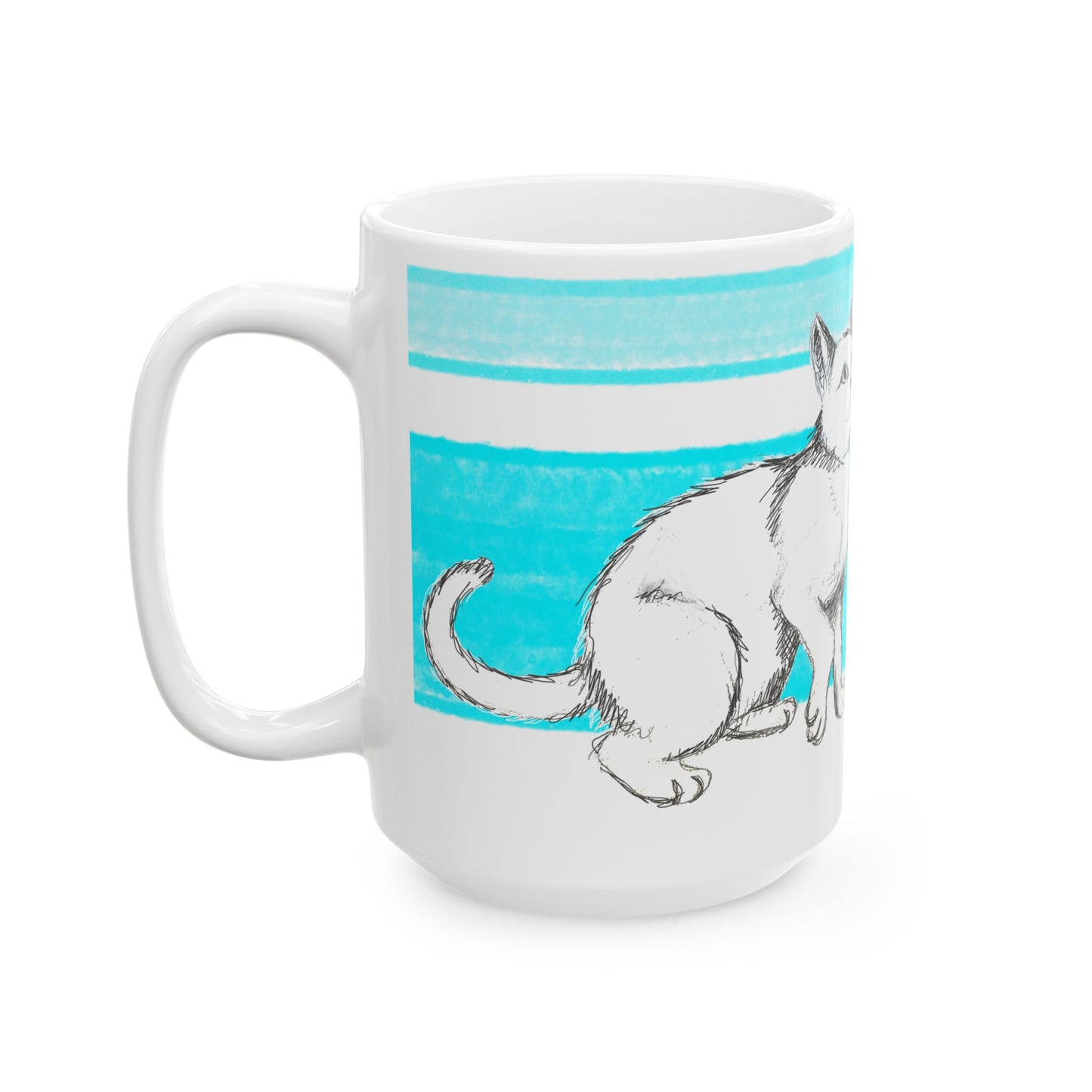Mega Stripe Kitty Butterfly Flutter Ceramic Mug Aqua