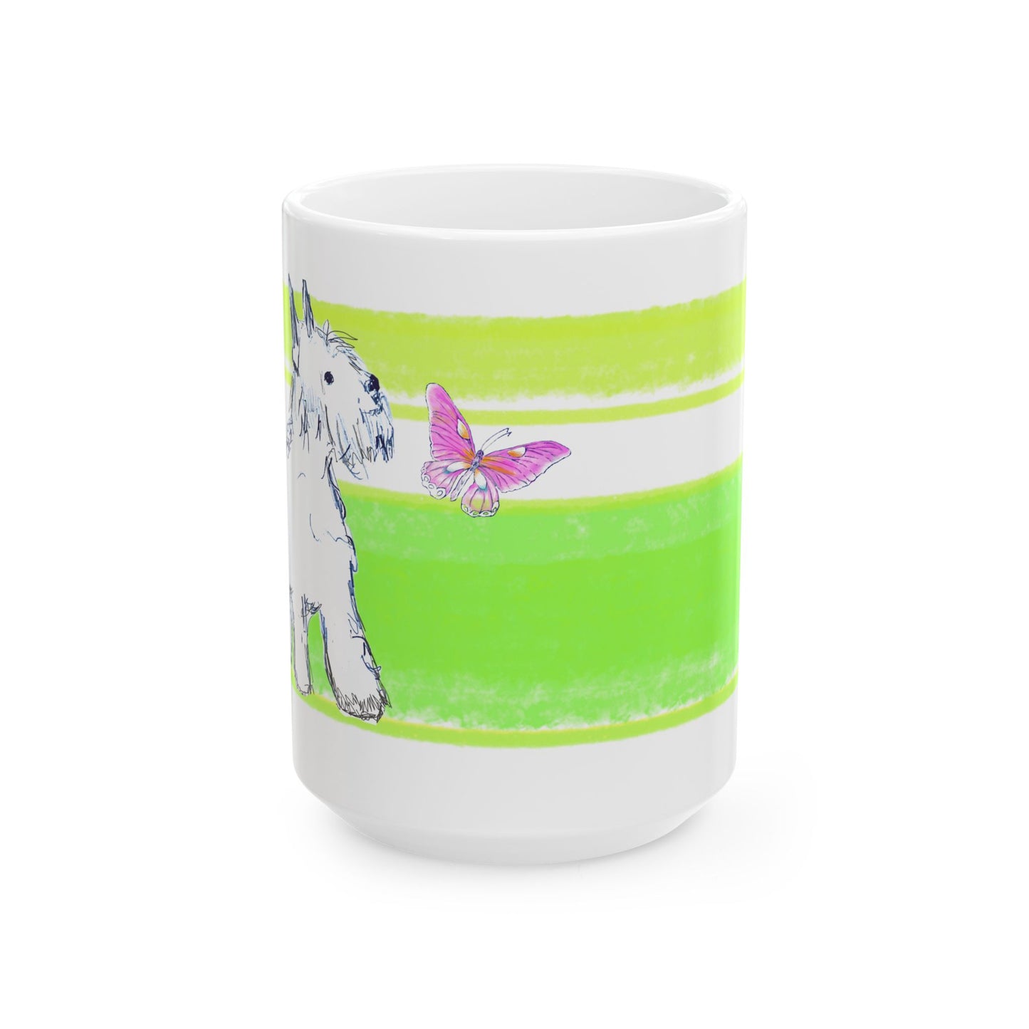Mega Stripe Dogi Butterfly Flutter Ceramic Mug, (11oz, 15oz) Yellow Green Schnauzer