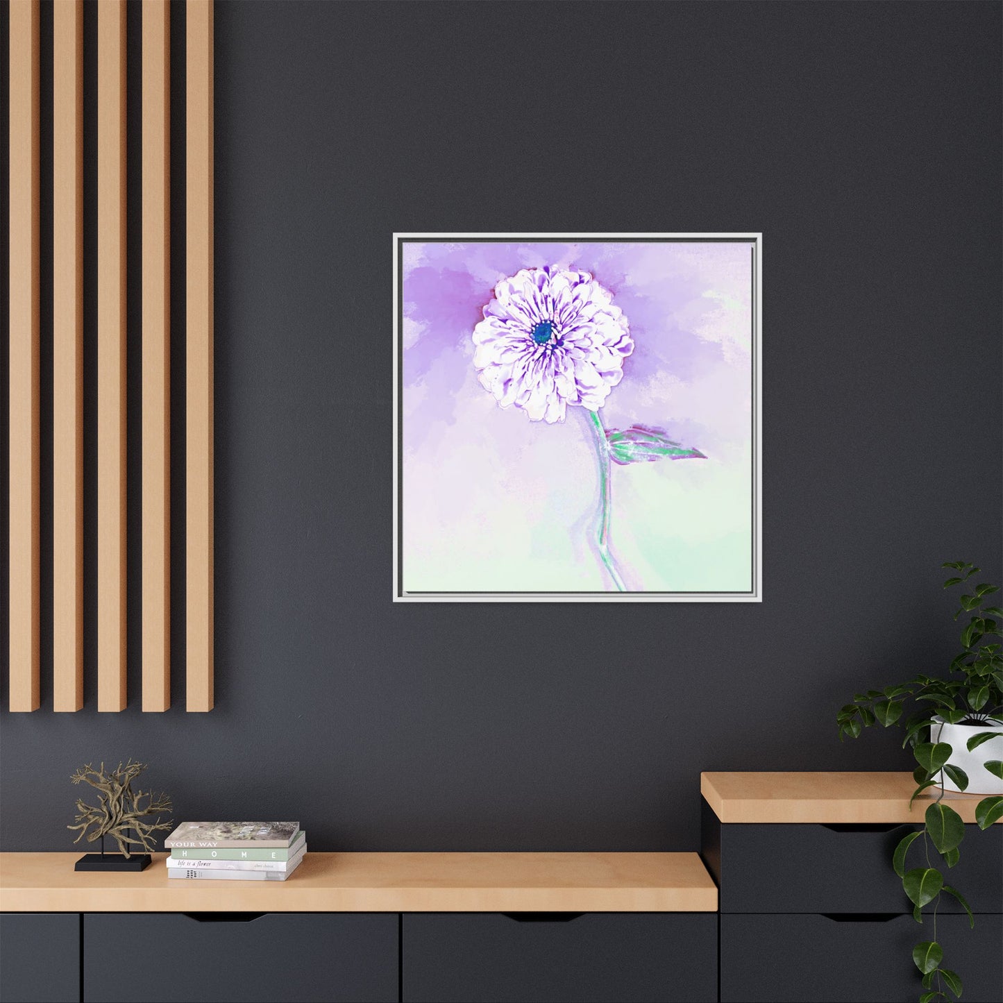 Zinnia Color Splash Matte Canvas Light Purple Framed