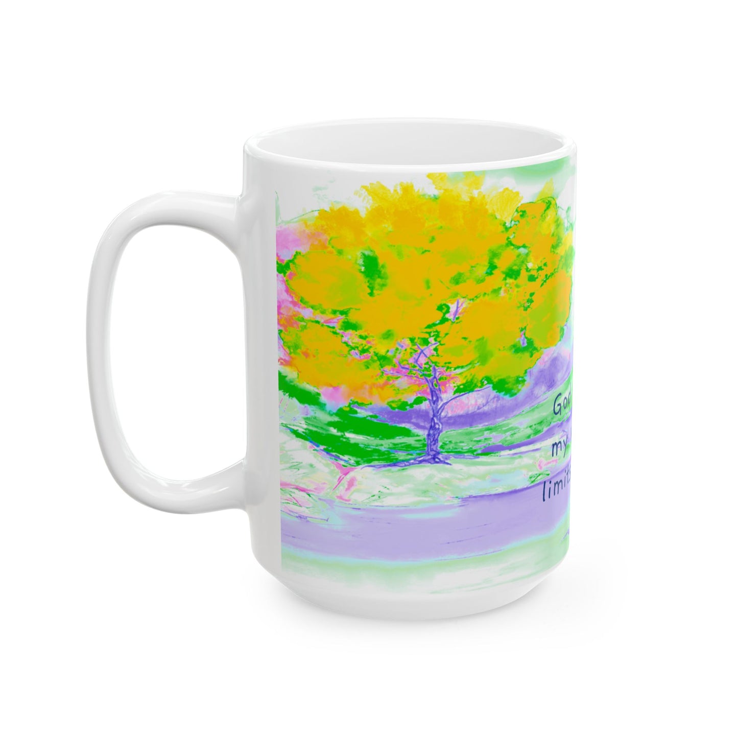 Inspirational Landscapes Ceramic Mug in Yellow, Orange and Purple, "God appoints my work and limits my time",  11oz, 15oz.
