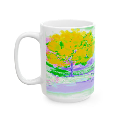 Inspirational Landscapes Ceramic Mug in Yellow, Orange and Purple, "God appoints my work and limits my time",  11oz, 15oz.